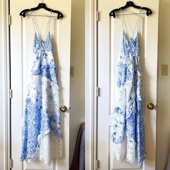For Love & Lemons Rosalyn Maxi Dress Lace Patchwork Blue XS EUC - Picture 2 of 13
